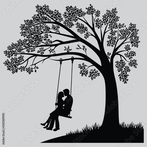 A couple sitting on a tree swing image silhouette design vector art and illustration	