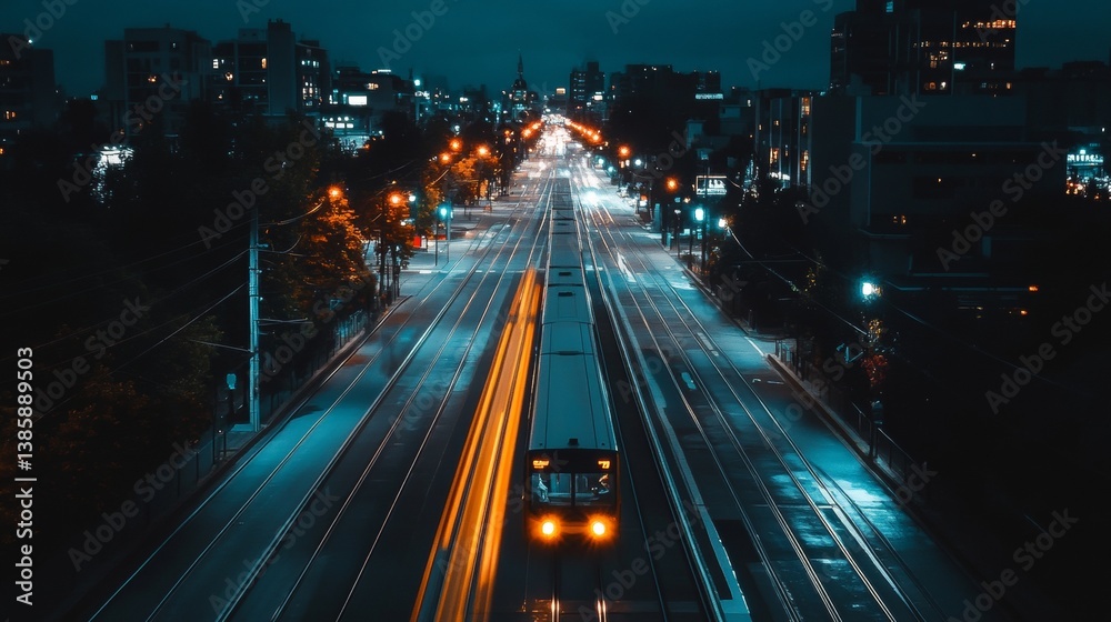 Obraz premium Moving City Tram at Night with Light Trails and Illuminated Street