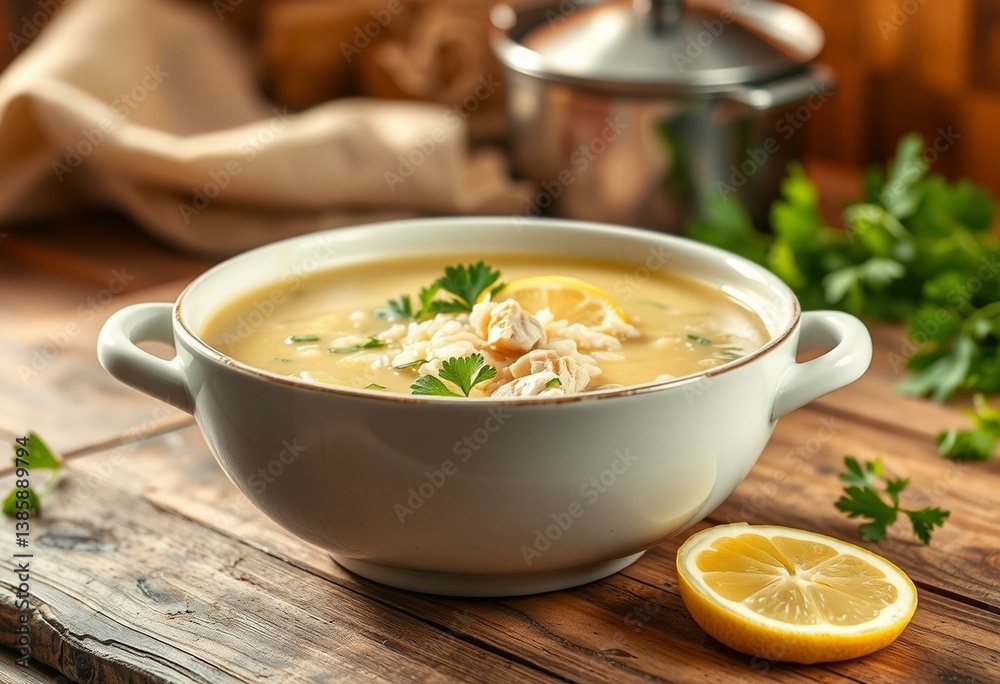 Warm and inviting image of Avgolemono Soup Warm and inviting image of Avgolemono Soup