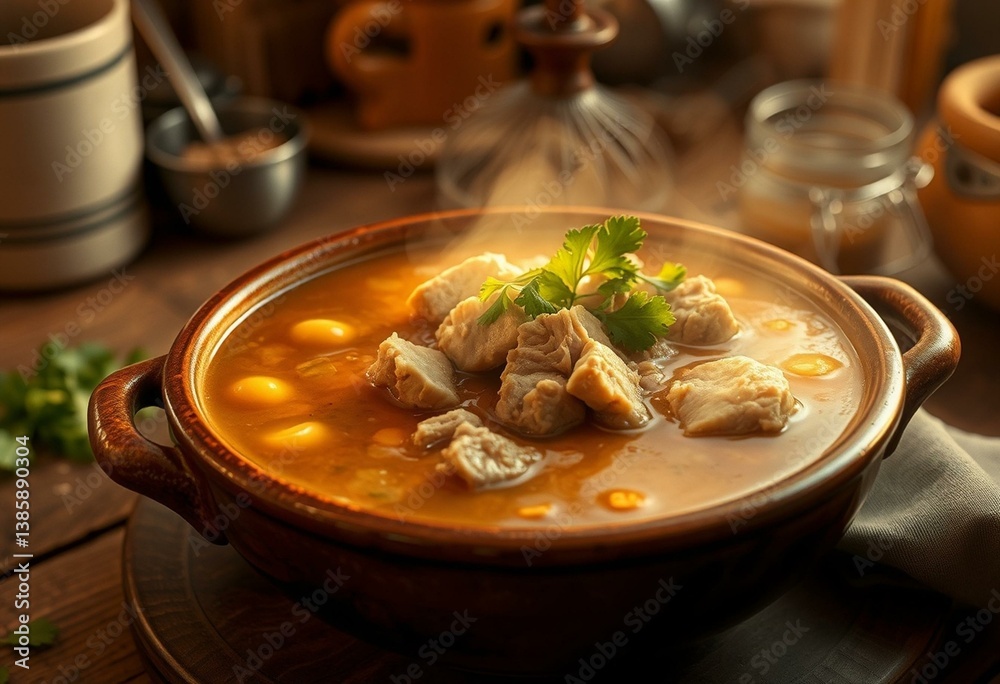 Rustic kitchen setting with steaming hot Posole Soup Rustic kitchen setting with steaming hot Posole Soup