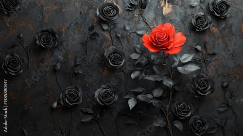 A vibrant red rose standing out among dark black roses, symbolizing uniqueness and individuality in a dramatic and elegant floral composition.