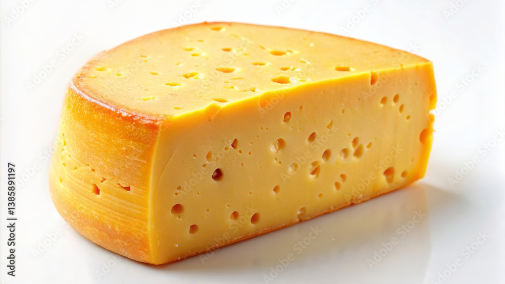 Mahon on White Background, wedge of Mahon cheese on pure white background showcasing its golden smooth texture and slightly waxy rind with soft natural lighting Mahon on White Background, wedge of Mahon cheese on pure white background showcasing its golden smooth texture and slightly waxy rind with soft natural lighting