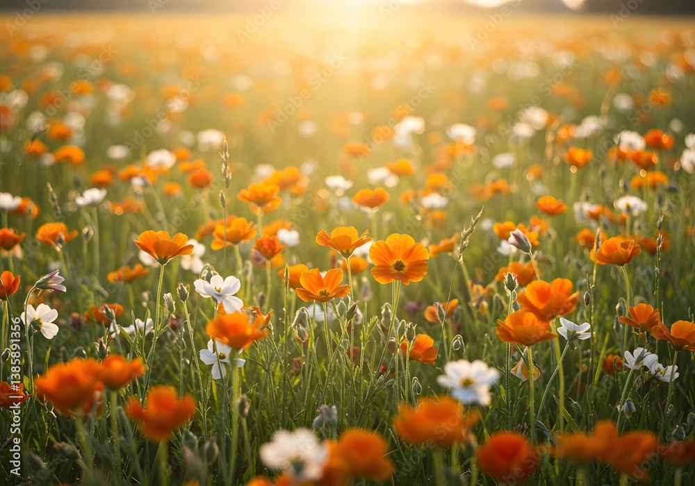 Scenic Field of Orange and White Flowers in Sunlight. Blooming Meadow Background. Springtime Nature, Floral Landscape. Scenic Field of Orange and White Flowers in Sunlight. Blooming Meadow Background. Springtime Nature, Floral Landscape.