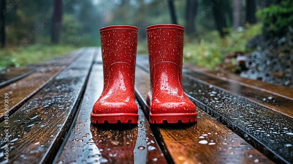 Red rain boots on wet wooden walkway in forest. Possible use Stock photo for rainy season, nature, or children