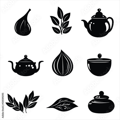 Black And White Vector Illustration Of Teapots And Leaves Collection