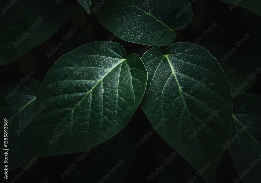 Obraz premium Dark green heart-shaped leaves close-up, natural plant texture, nature background, botanical details.