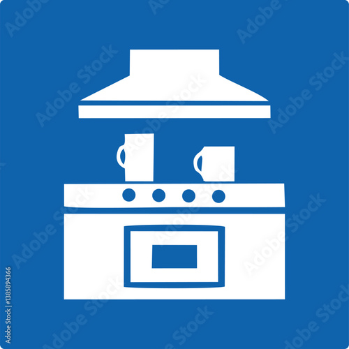blue square sign, kitchen area, a stove with four burners, two mugs or cups on top, and a range hood above. This typically indicates the presence of a kitchen or cooking facilities