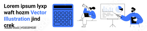 Blue calculator alongside professionals analyzing data, presenting charts, and planning projects. Ideal for finance, analytics, teamwork, education, technology, startups simple landing page