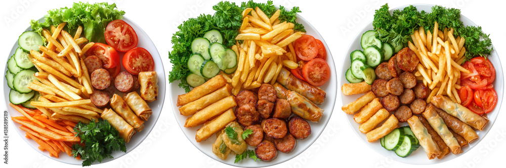 Trio of Plates Sausage, Spring Rolls, and Fries. Trio of Plates Sausage, Spring Rolls, and Fries.