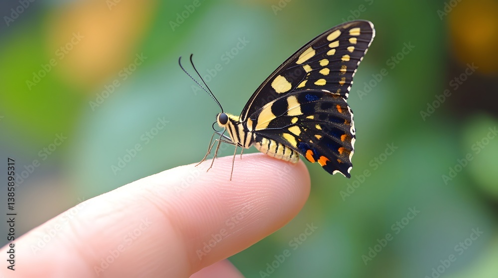 Obraz premium Close-Up of a Colorful Butterfly Perched on a Human Finger