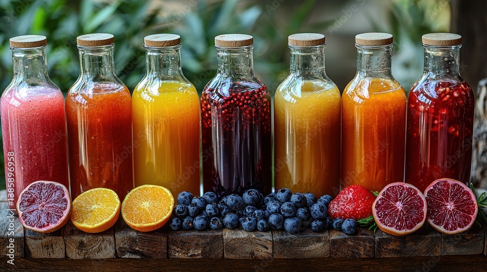 Colorful fruit juice bottles in a row with fresh fruits. Colorful fruit juice bottles in a row with fresh fruits.