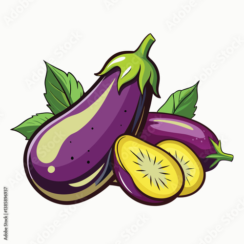Vibrant purple eggplants with lush green leaves a delicious harvest bounty vector cartoon illustration isolated on white background