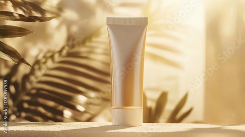 beige cosmetic tube stands upright in warm golden sunlight with tropical shadows in the background