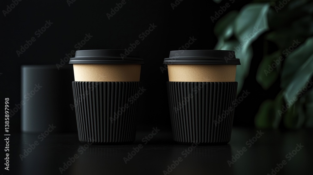 Two Elegant Black Coffee Cups on Dark Background Two Elegant Black Coffee Cups on Dark Background