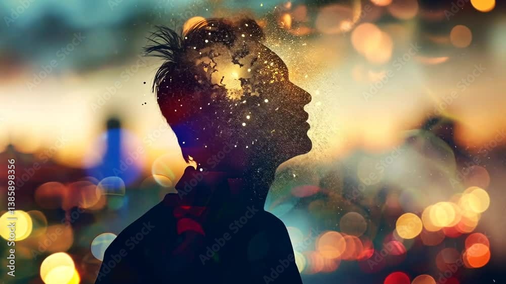 Silhouette in Gedanken mit Lichtpunkten
