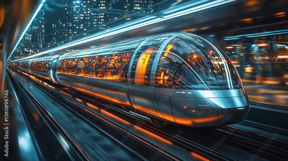 Fototapeta premium Futuristic high-speed train speeding through city at night.