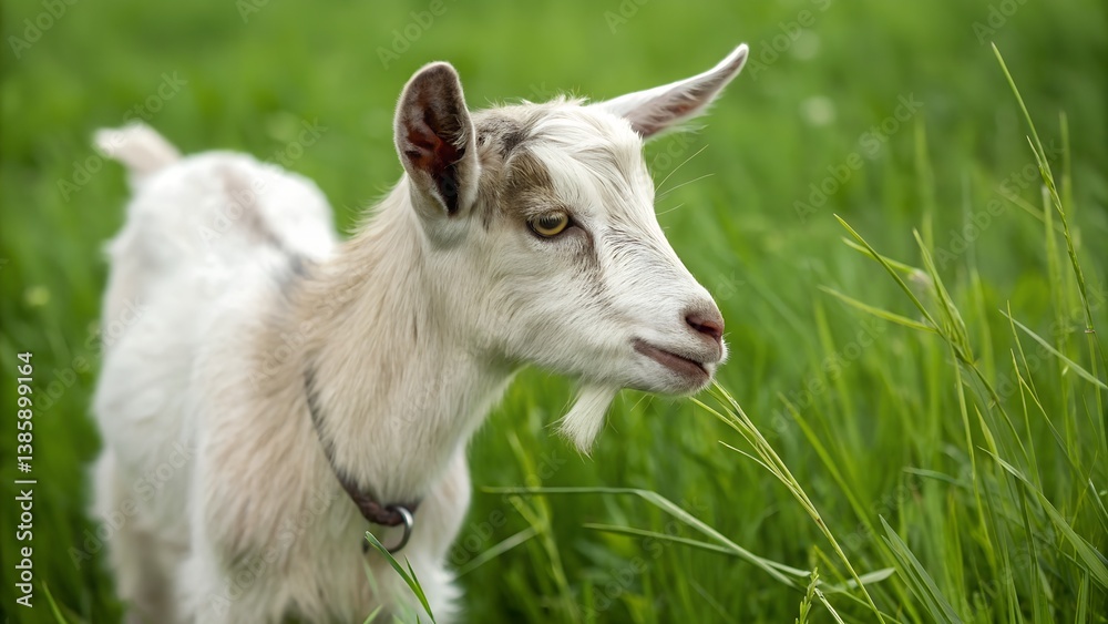 Obraz premium Close-Up of a Goat Grazing in Green Meadow