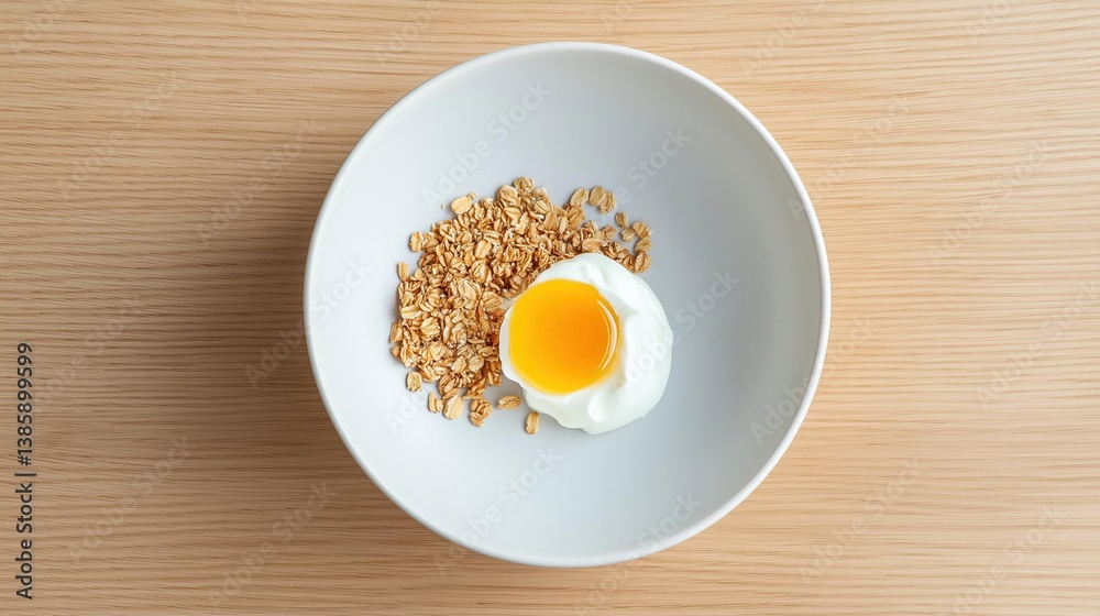 White plate with a small amount of granola on it. on top of the granola, there is a single fried egg with a runny yolk. the plate is placed on a wooden surface. White plate with a small amount of granola on it. on top of the granola, there is a single fried egg with a runny yolk. the plate is placed on a wooden surface.