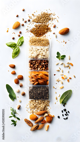 Stacked transparent container filled with various seeds and nuts, including chia, sunflower, and almonds, surrounded by scattered grains, herbs and spices on a white surface