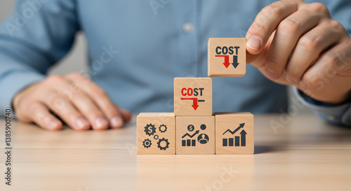 Hand Stacking Wooden Blocks with Cost Reduction Arrows on Table in Light Background