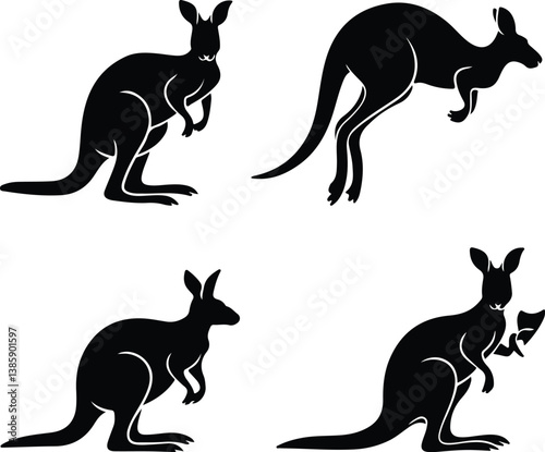 Kangaroo Silhouette Set | Wildlife, Jumping Kangaroo, and Nature Icon Illustration Kangaroo Silhouette Set | Australian Wildlife, Marsupial, and Animal Vector Collection