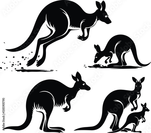 Kangaroo Silhouette Set | Wildlife, Jumping Kangaroo, and Nature Icon Illustration Kangaroo Silhouette Set | Australian Wildlife, Marsupial, and Animal Vector Collection