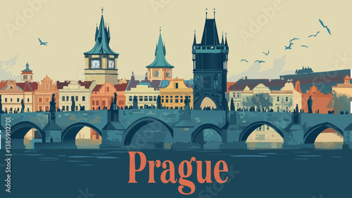 Prague with Iconic Castles and Medieval Bridges in Digital Art.eps
