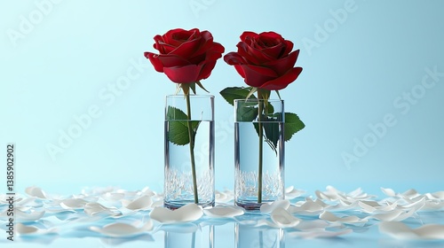 Elegant red roses in minimalist glass vases, surrounded by delicate petals on a pastel blue surface, creating a serene atmosphere.
