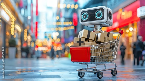 Futuristic AI assistant robot cheerfully carrying a shopping cart stacked with packages.