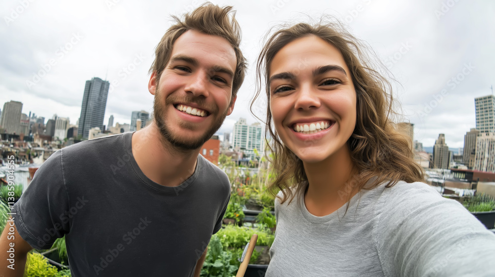 Fisheye view of two young gardeners smiling and taking a selfie in their rooftop garden, with a cityscape in the background Fisheye view of two young gardeners smiling and taking a selfie in their rooftop garden, with a cityscape in the background