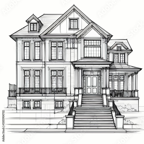 Vector drawing of a residential building architecture design showcasing elegance and detail