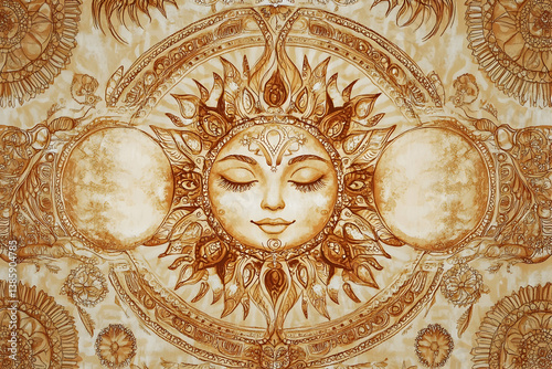 A detailed drawing of the sun and moon together peacefully