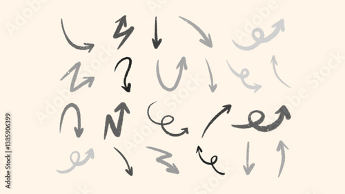 Retro arrow set in monochrome shades with playful hand-drawn style. Quirky arrows for highlights, text frames, and decorations. Vector doodle elements inspired by kids drawings