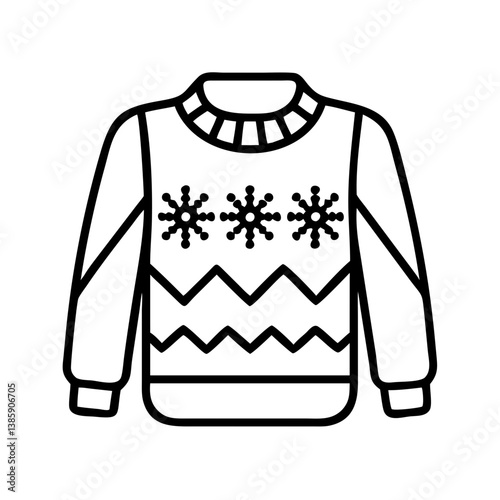 Outline vector graphic of an ugly christmas sweater with snowflakes and zigzags for holiday designs