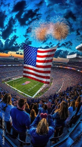 Giant American flag unfurls across stadium bleachers as fireworks light up the night sky during a powerful national anthem performance
