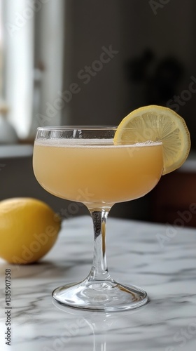 Elegant cocktail in coupe glass adorned with fresh lemon slice on marble surface in soft natural light