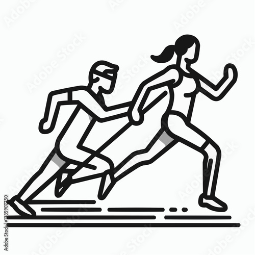 Athlete running with guide in linear art style, showcasing teamwork and support
