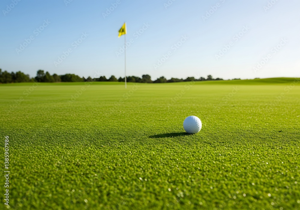 Obraz premium Golf Ball on Green Golf Course with Flag, Sport Landscape, Sunny Day, Outdoor Recreation.
