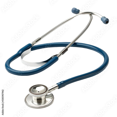 A dark blue stethoscope isolated on a white background.