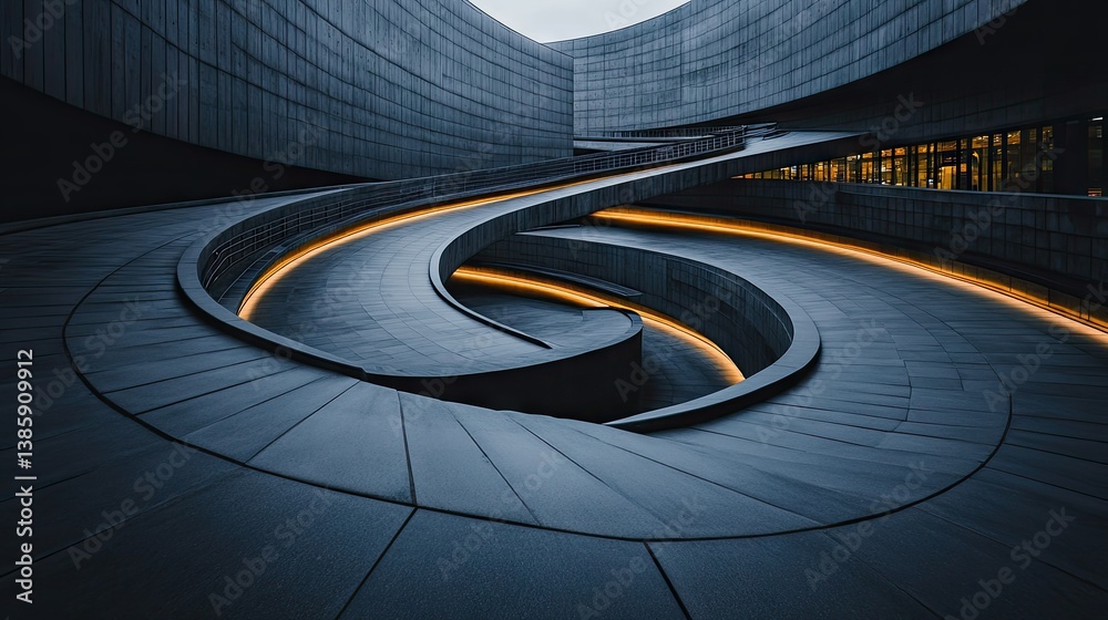 Obraz premium A gracefully curved architectural pathway softly shines, enhanced by ambient lighting, at an urban structure during the enchanting twilight hours