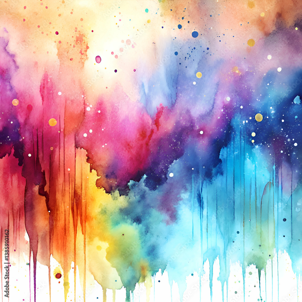 Fototapeta premium Vibrant watercolor drips create a cosmic scene.