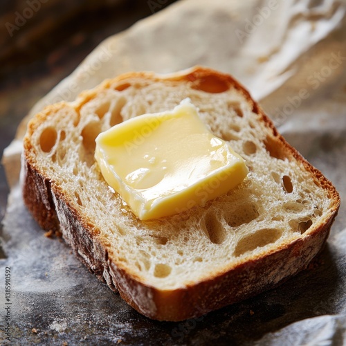 A slice of freshly baked bread with a pat of butter. Featuring homemade comfort food