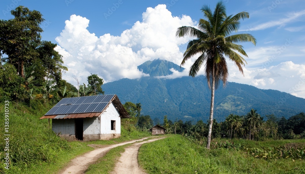 A serene rural scene featuring a small house with solar panels, palm trees, and a backdrop of a majestic mountain under a bright blue sky. A serene rural scene featuring a small house with solar panels, palm trees, and a backdrop of a majestic mountain under a bright blue sky.