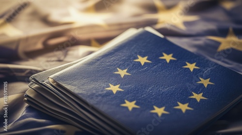 Close-up of Stacked European Union Passports Symbolizing Travel and Citizenship