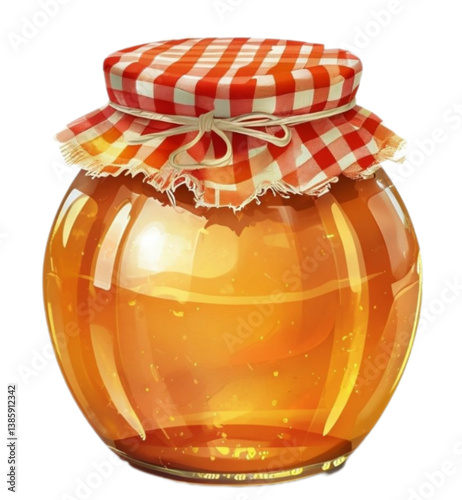 Jar of honey: a detailed illustration of a glass jar full of golden honey with a red checkered lid.