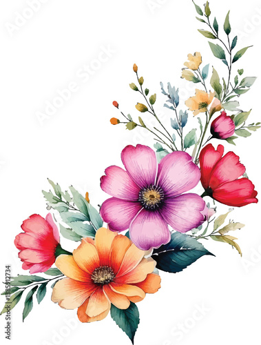 Fresh and vibrant watercolor flowers in pink, purple, and yellow. Soft and romantic watercolor floral design. Beautiful watercolor bouquet of pink flowers with soft green foliage  for a delicate touch