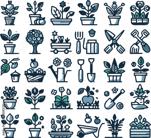 Gardening collections editable stroke outline web icons set. Gardening, flower, pruning, tree, plant, floral, flower, fruit, vegetables, scissor, wheelbarrow, shovel and more