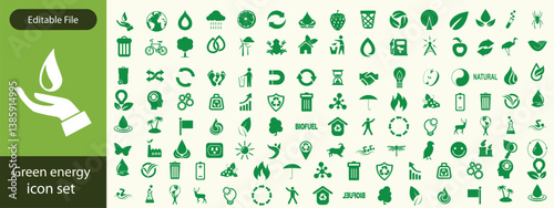 Green energy icon. Renewable eco power logo vector set. Green natural electricity. Leaf nature energy. set of green leaves with concept.