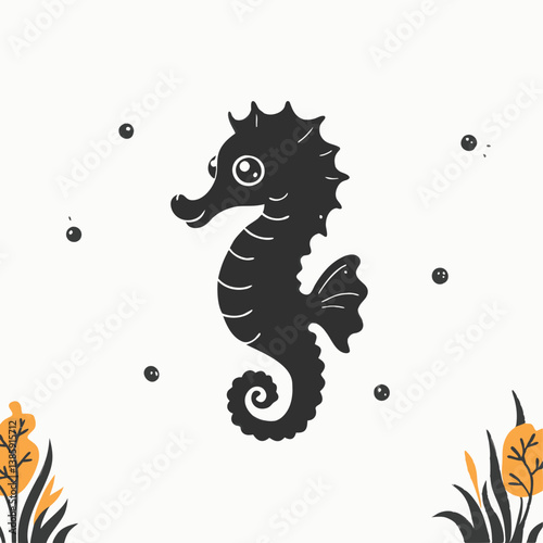 Black silhouette Coloring Page With Cartoon Sea Horseanimal, book, cartoon, character, minimalist head logo, Icon, element. Vector illustration
