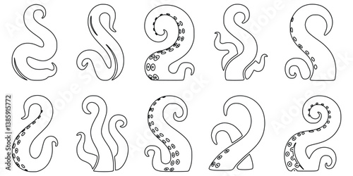 Collection Of Black Outline Octopus Tentacles In Different Poses Vector Illustration